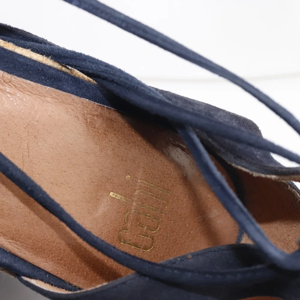 CAbi Womens Isla Sandals Size 8 Navy Suede Tie Ankle Wrap Espadrille Wedge Shoes